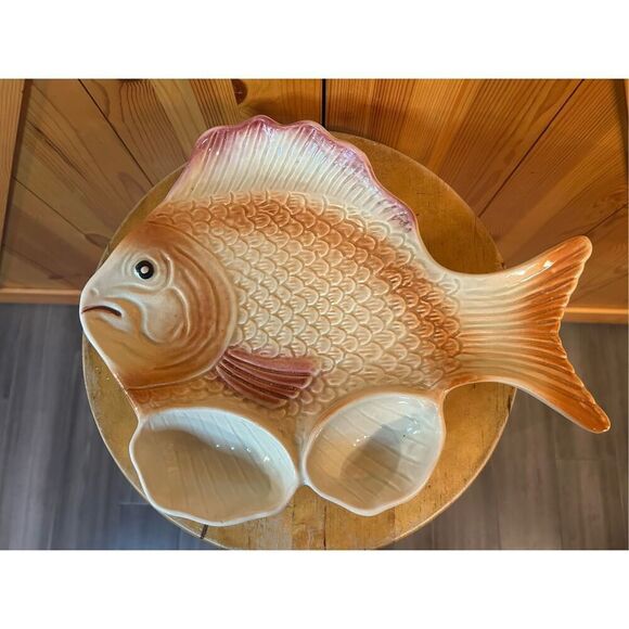 Vintage Ceramic FISH Serving Trays or Platters w Built In Sauce Cups (8864) - Picture 6 of 7